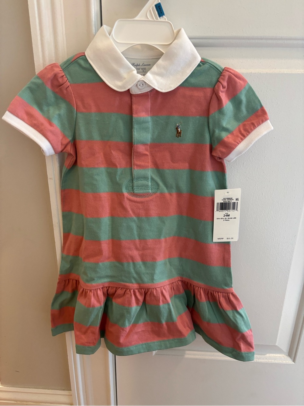 Ralph Lauren Green & Pink Striped Polo Dress with White Collar